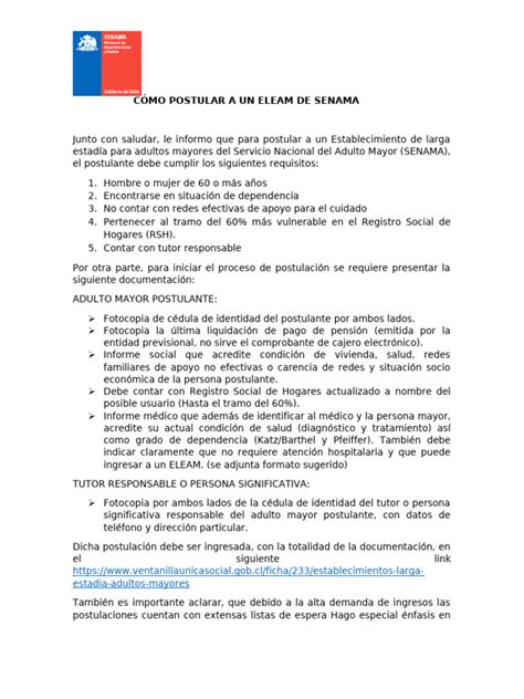 Esquema de requisitos para postular a un ELEAM del SENAMA