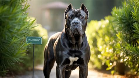 Un majestuoso Cane Corso sentado junto a un cartel de bienvenida y un castillo medieval