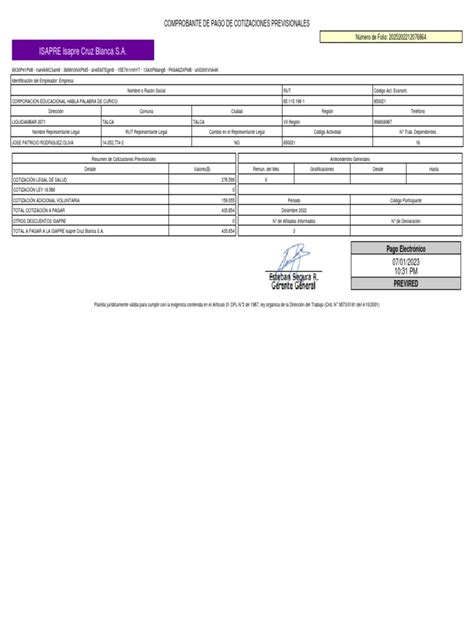 Comprobante de pago de cotizaciones emitido por el SII