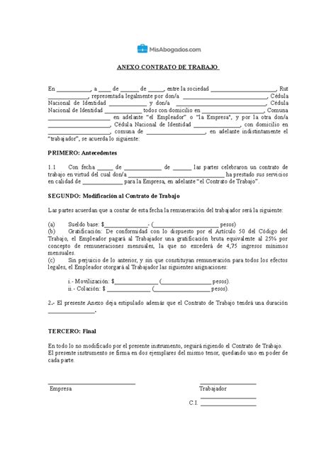 Ejemplo de anexo de contrato de trabajo