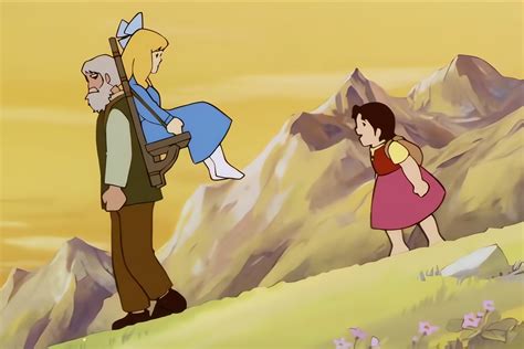 El abuelo de Heidi mirando tiernamente a Heidi en los Alpes suizos