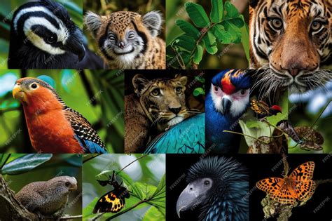 Collage de fotos de animales emblemáticos en categorías Vulnerable y En Peligro (ej: jaguar, tortuga marina, mono ardilla)