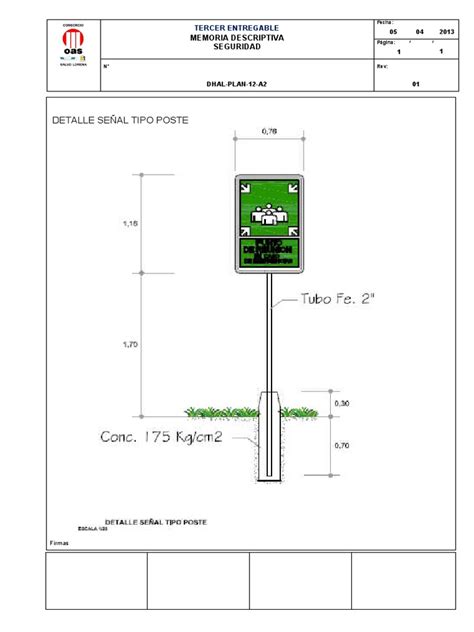 Diagrama de instalación de poste de señalización con dimensiones