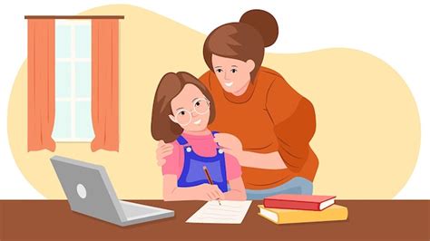 Ilustración de un padre o madre ayudando a su hijo con las tareas escolares.