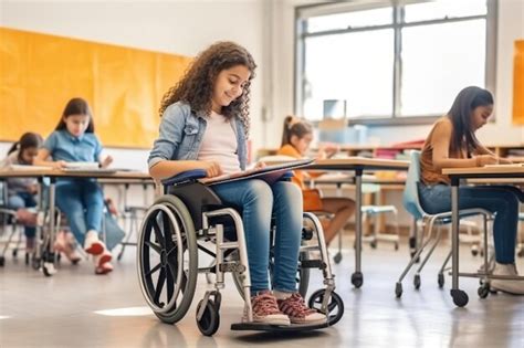 Fotografía de una niña en silla de ruedas participando en una actividad escolar, sonriendo.