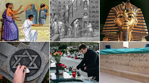 Mosaico de fotografías que representan diversos ritos funerarios y de luto alrededor del mundo
