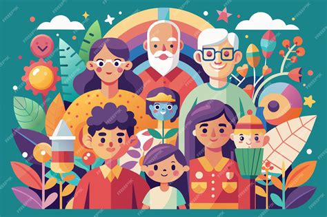 Ilustración de una familia interactuando, destacando la presencia de un adulto mayor y un cuidador.