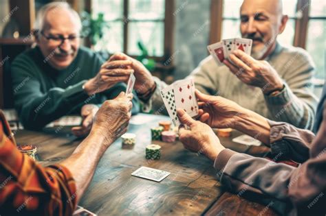 Grupo de adultos mayores jugando a las cartas y riendo juntos.