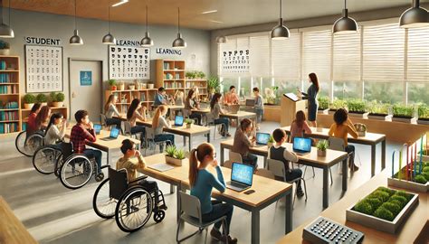 Ilustración: Estudiantes con y sin discapacidad colaborando en un aula inclusiva.