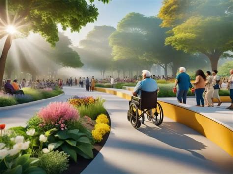 Ilustración de una ciudad con diseño inclusivo para todas las edades, con amplias veredas, bancas y zonas de encuentro