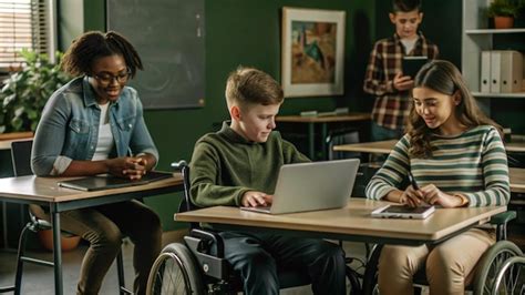 Ilustración de estudiantes diversos en un aula inclusiva utilizando tecnología asistiva
