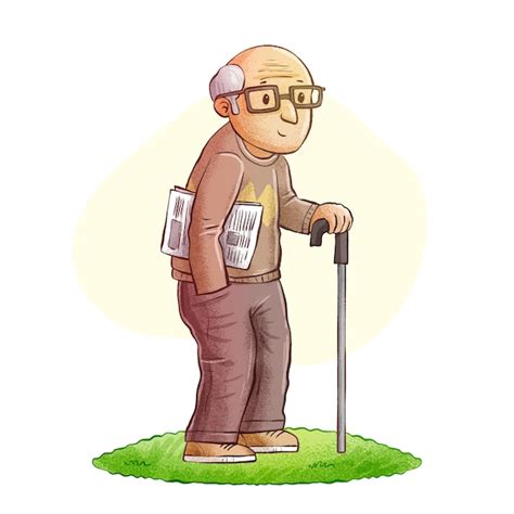 Ilustración de un anciano jubilado cuidando su jardín con muchos árboles jóvenes