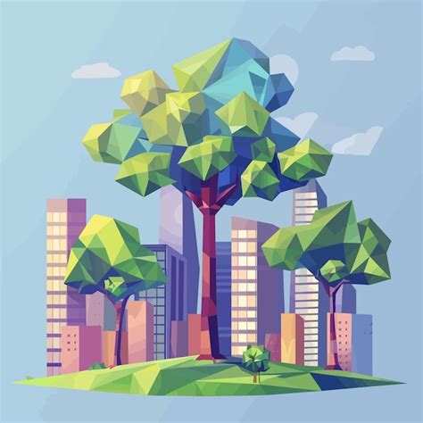 Ilustración de una ciudad con árboles y cielo despejado, con un árbol grande y anciano en primer plano