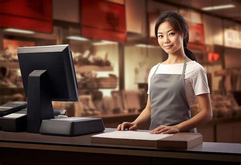 Foto de una cajera sonriendo mientras atiende a un cliente en una caja registradora