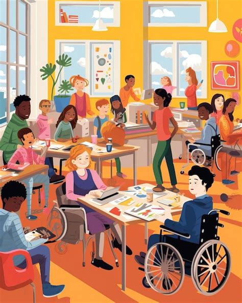 Ilustración de un aula inclusiva donde niños con diferentes habilidades interactúan y aprenden inglés con ayuda de pictogramas y tecnología.