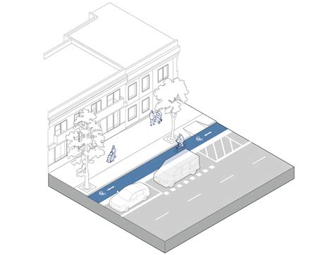 Ilustración de una bahía de carga y descarga ubicada sobre la demarcación de una ciclovía, separada del flujo de bicicletas.