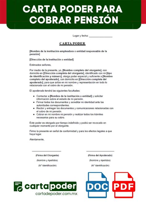 Esquema o infografía explicando qué es un poder para cobrar pensión, sus partes (mandante, mandatario) y su propósito