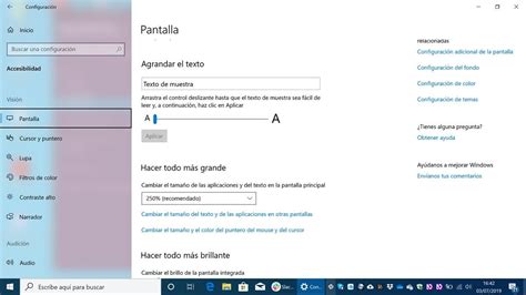 Captura de pantalla de las opciones de accesibilidad de visión en Windows 10 (Pantalla, Cursor, Lupa, etc.)