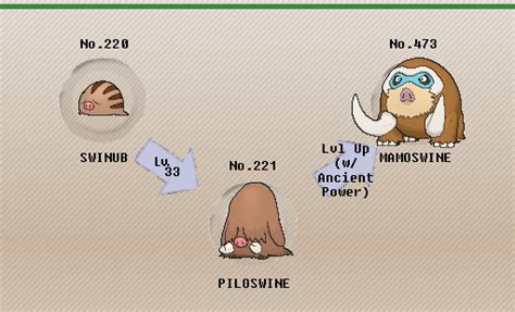 Diagrama de flujo que muestra a Swinub evolucionando a Piloswine al nivel 33 y posteriormente a Mamoswine tras aprender Poder Pasado