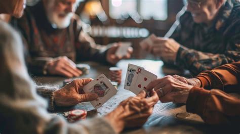 Adultos mayores reunidos alrededor de una mesa, jugando a las cartas y mostrando expresiones de concentración y diversión.