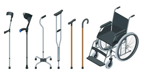 Ilustración de diferentes productos de apoyo para la movilidad (silla de ruedas, andador, muletas)