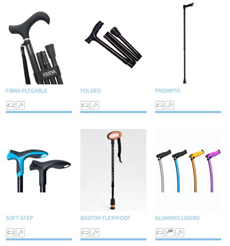 Diagrama comparativo de diferentes tipos de bastones: inglés, plegable, extensible, con asiento.