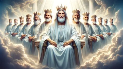 Representación artística del trono celestial con Dios, los veinticuatro ancianos y los cuatro seres vivientes del Apocalipsis