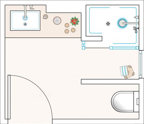 Gráfico de distribución de espacio en baño adaptado: ducha a ras del suelo, zona de transferencia y ubicación de lavamanos