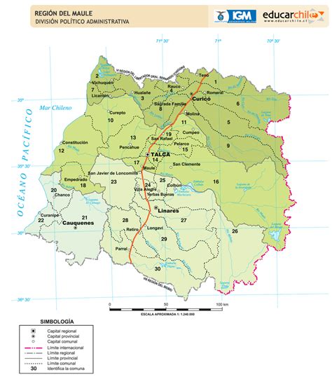 Mapa de la comuna de Chanco y sus alrededores en la Región del Maule.