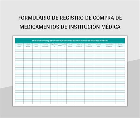 Ejemplo de una tabla de registro de medicamentos con columnas para nombre, dosis, hora y día.