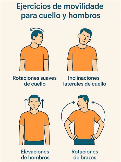 Esquema de ejercicios de movilidad articular: ilustración de movimientos básicos para hombros, cuello y extremidades inferiores.