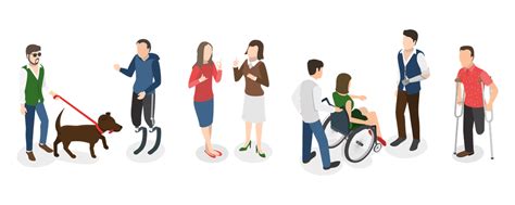 Ilustración de personas con diferentes tipos de discapacidad en un entorno urbano accesible