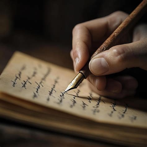 Manos escribiendo en un cuaderno antiguo con pluma de ave.