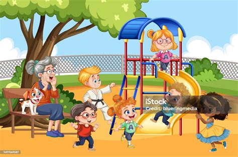 Ilustración de una biblioteca pública con personas mayores y niños participando en actividades.