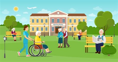 Ilustración de un edificio de residencias para adultos mayores con personal asistiendo a residentes.