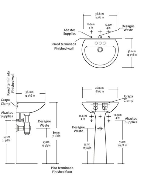 Diagrama mostrando las dimensiones correctas de un lavabo adaptado, incluyendo la altura, el espacio libre inferior y el tipo de grifería recomendada.