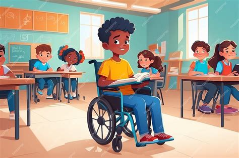 Ilustración de un niño en un entorno escolar siendo apoyado por un maestro, representando la inclusión y el aprendizaje adaptado.