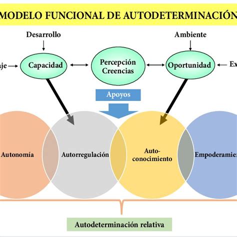 Infografía: Los cuatro elementos clave de la autodeterminación según el modelo funcional (ejecución autónoma, autorregulación, creencias de control y autoconciencia).