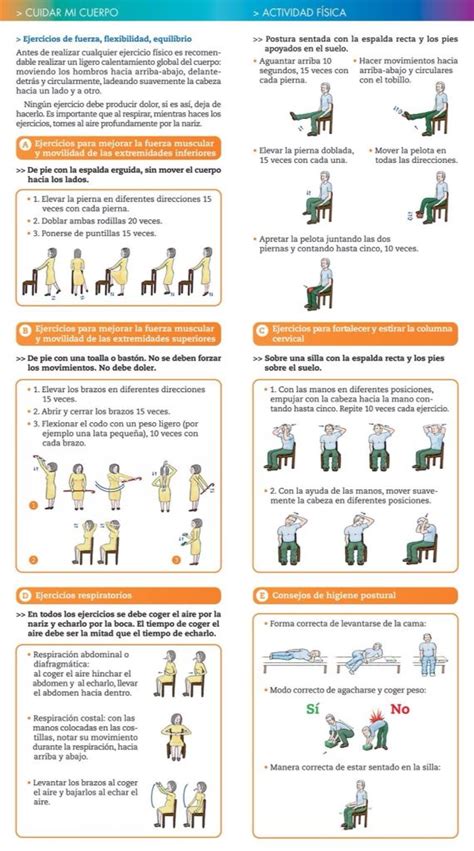 Una tabla de ejercicios para personas mayores, con ilustraciones de cada movimiento.