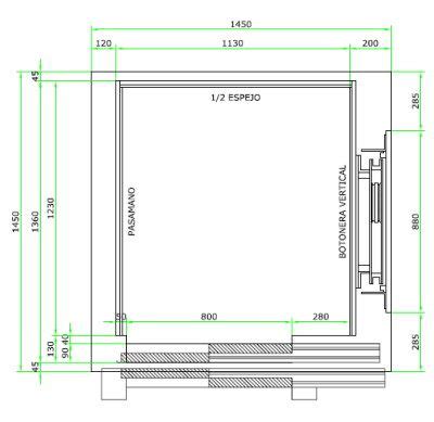Esquema técnico de una cabina de ascensor accesible mostrando las dimensiones mínimas, la altura de la botonera y la ubicación del espejo para facilitar la maniobra de giro