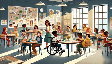 Ilustración de un aula diversa con niños de diferentes capacidades interactuando positivamente.