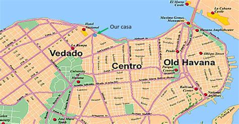 Mapa de La Habana Vieja y el Vedado, resaltando posibles zonas de estudio de accesibilidad