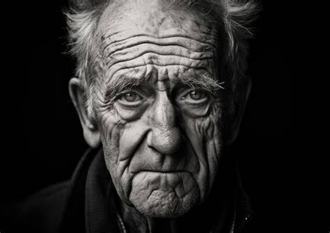 Retrato detallado de una persona mayor en blanco y negro, con énfasis en la textura de la piel y las expresiones faciales.