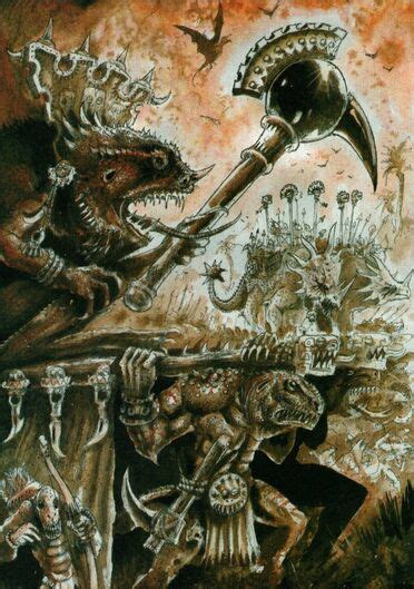 Ilustración de un sacerdote Slann de los Hombres Lagarto en Warhammer