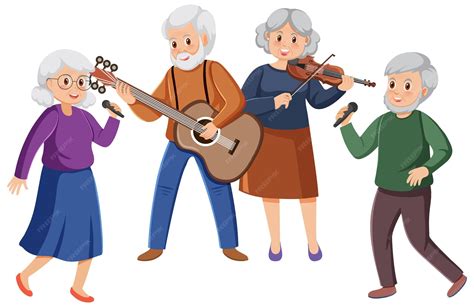 Ilustración de personas mayores escuchando o tocando música