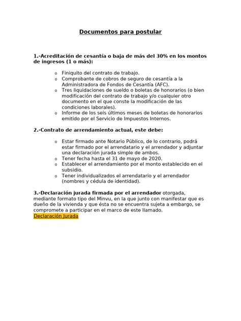 Tabla resumen de documentos necesarios para postulación a ELEAM