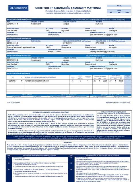 Tabla resumen de la documentación general para la solicitud de Asignación Familiar