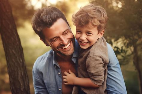 Primer plano de un padre y un hijo con discapacidad sonriendo
