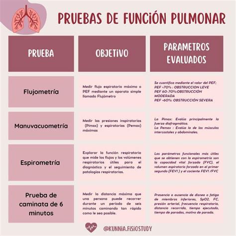 Infografía mostrando los diferentes tipos de pruebas de función pulmonar.