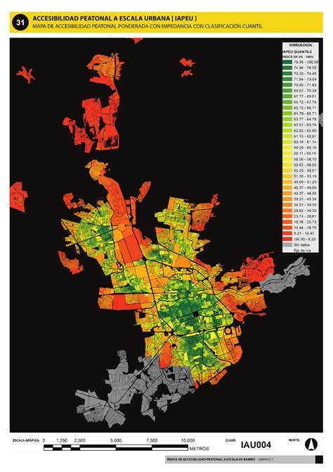 Mapa de accesibilidad peatonal a áreas verdes en una ciudad chilena